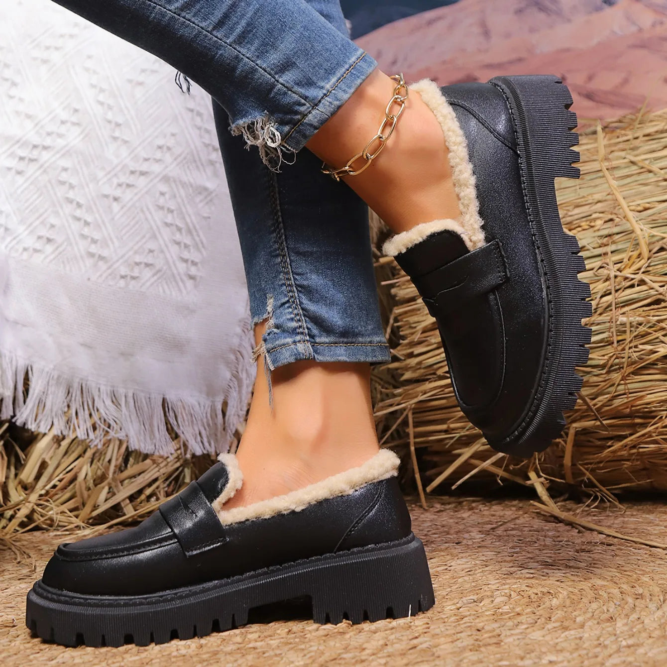 Kvinnelige Plattform Loafers med Varmt Fôr 6