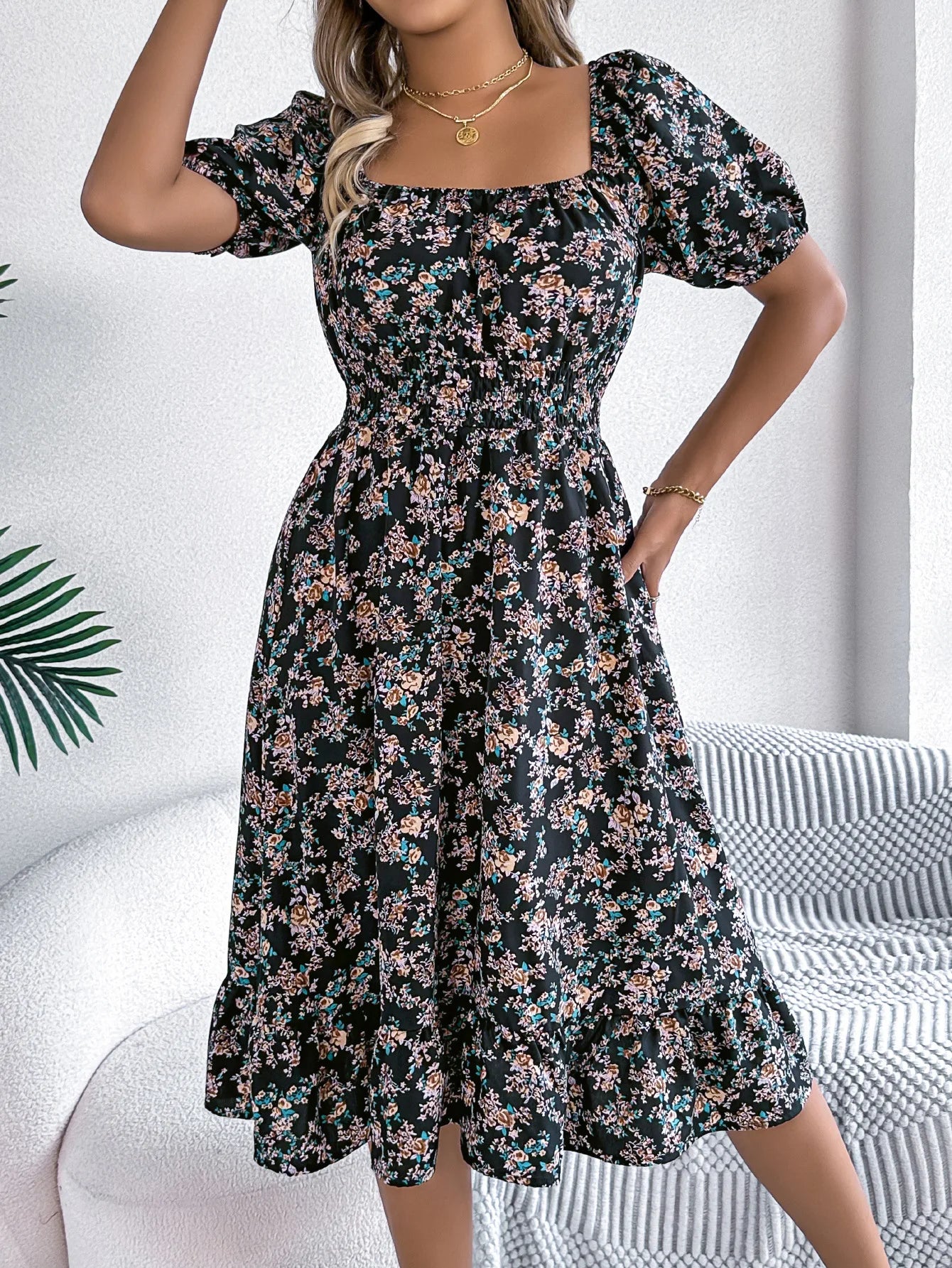 Kvinners A-linjekjole med Blomsterdesign 1