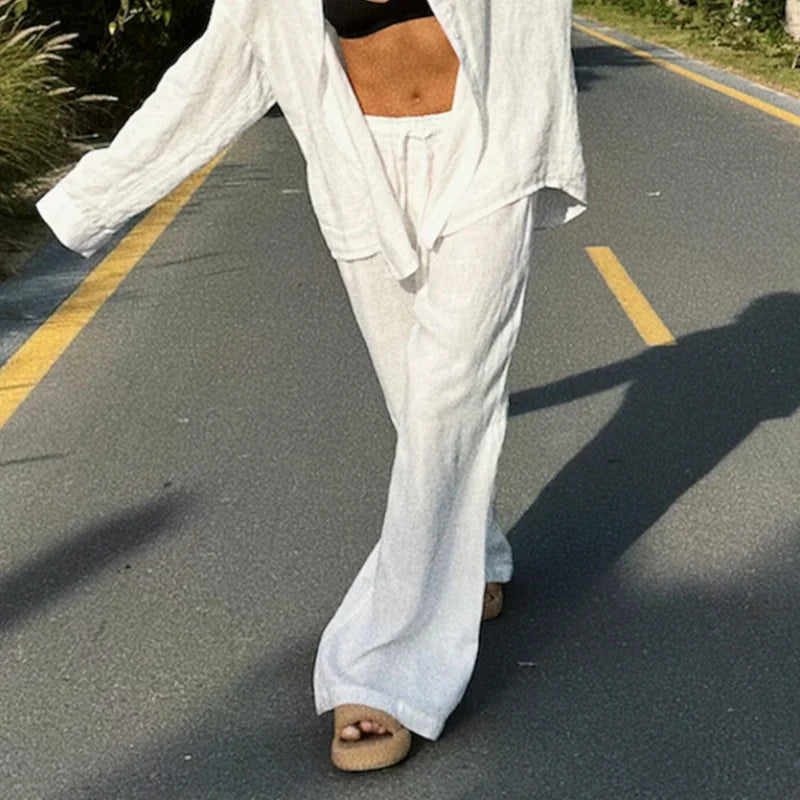 Kvinners Baggy Bukser Høy Midje Løs Bomull Lin Vid Ben 1