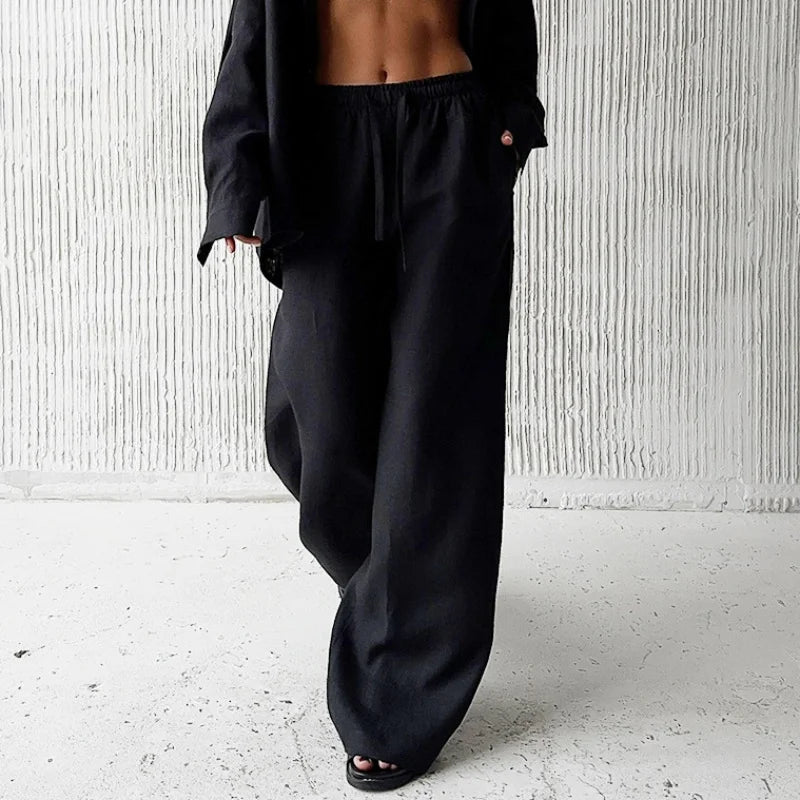 Kvinners Baggy Bukser Høy Midje Løs Bomull Lin Vid Ben 3
