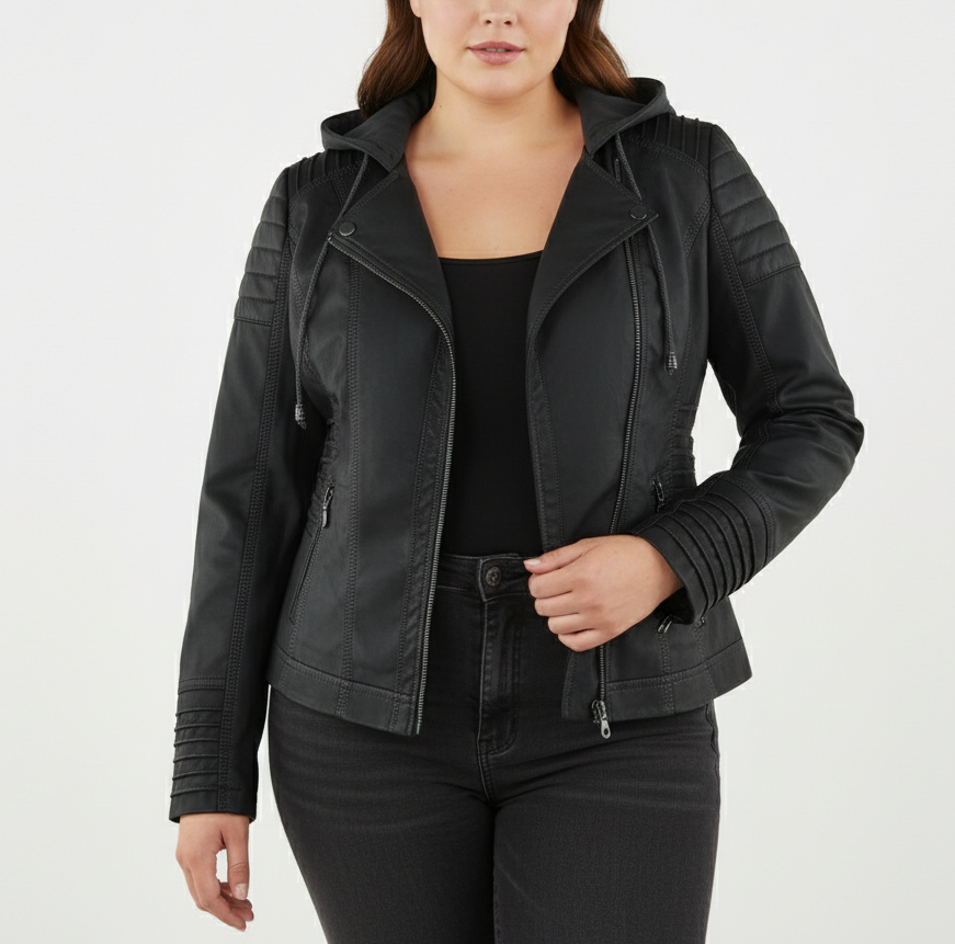 Kvinners Bikerjakke med Hette Moderne Design 2