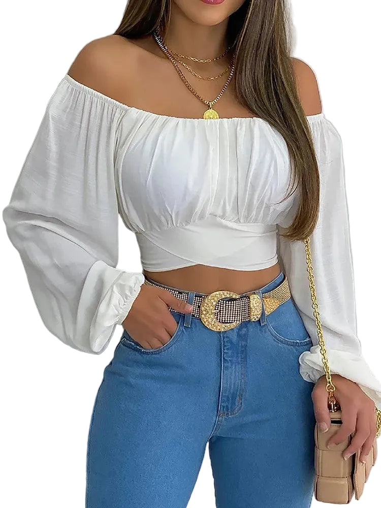 Kvinners Bluse Off Shoulder Med Lanterne Ermer 0