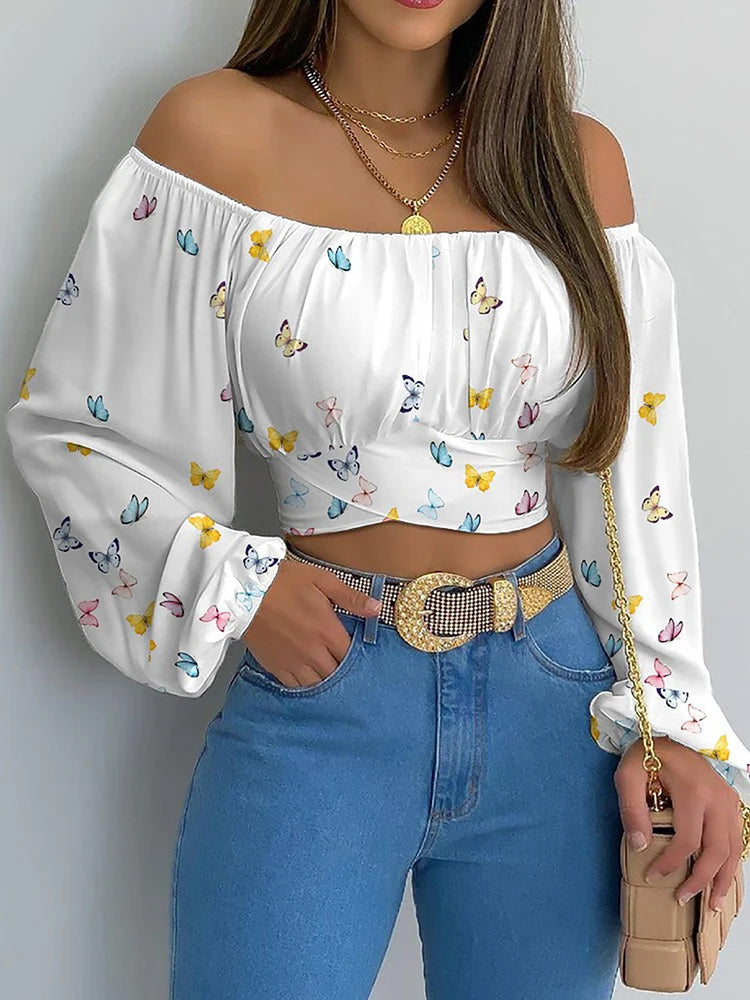 Kvinners Bluse Off Shoulder Med Lanterne Ermer 3