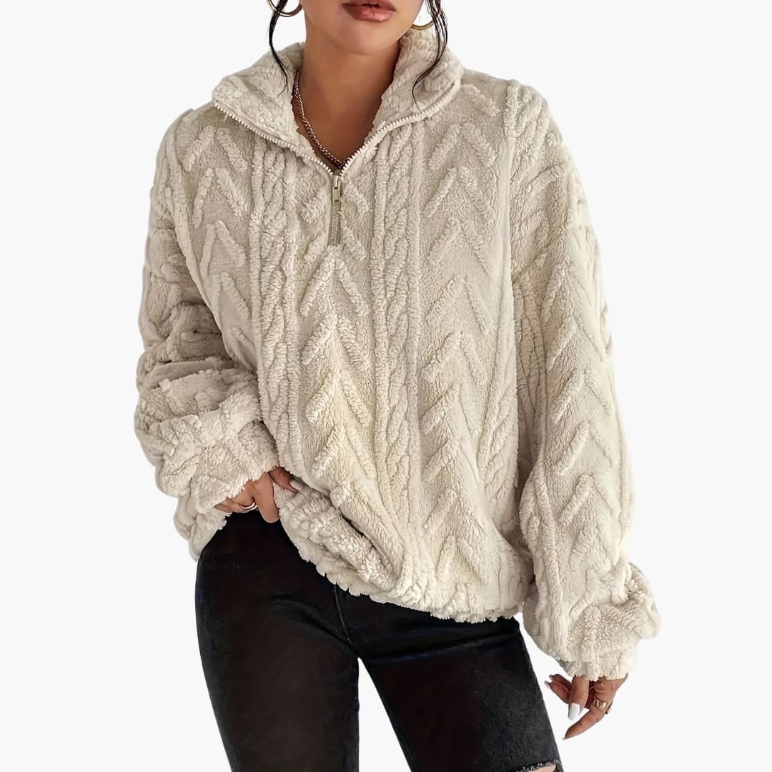 Kvinners Fleece Genser med Halv Glidelås og Kabelmønster 1