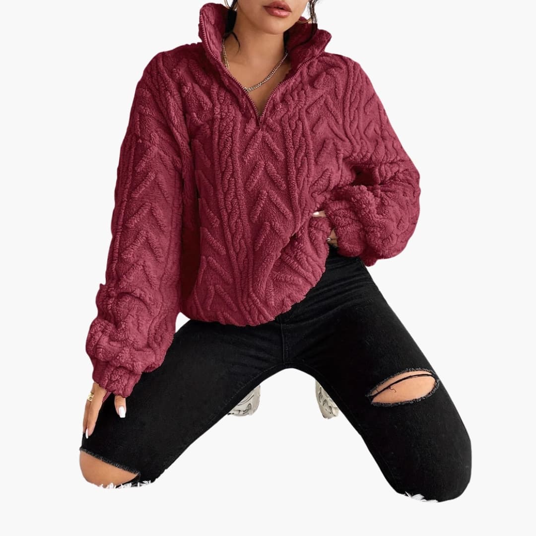 Kvinners Fleece Genser med Halv Glidelås og Kabelmønster 8