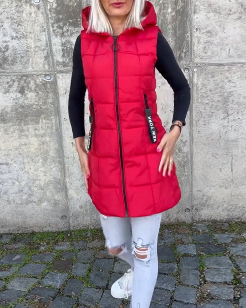 Kvinners Puffer Jakke Langline Uten Ermer Polyester Med Hette 6