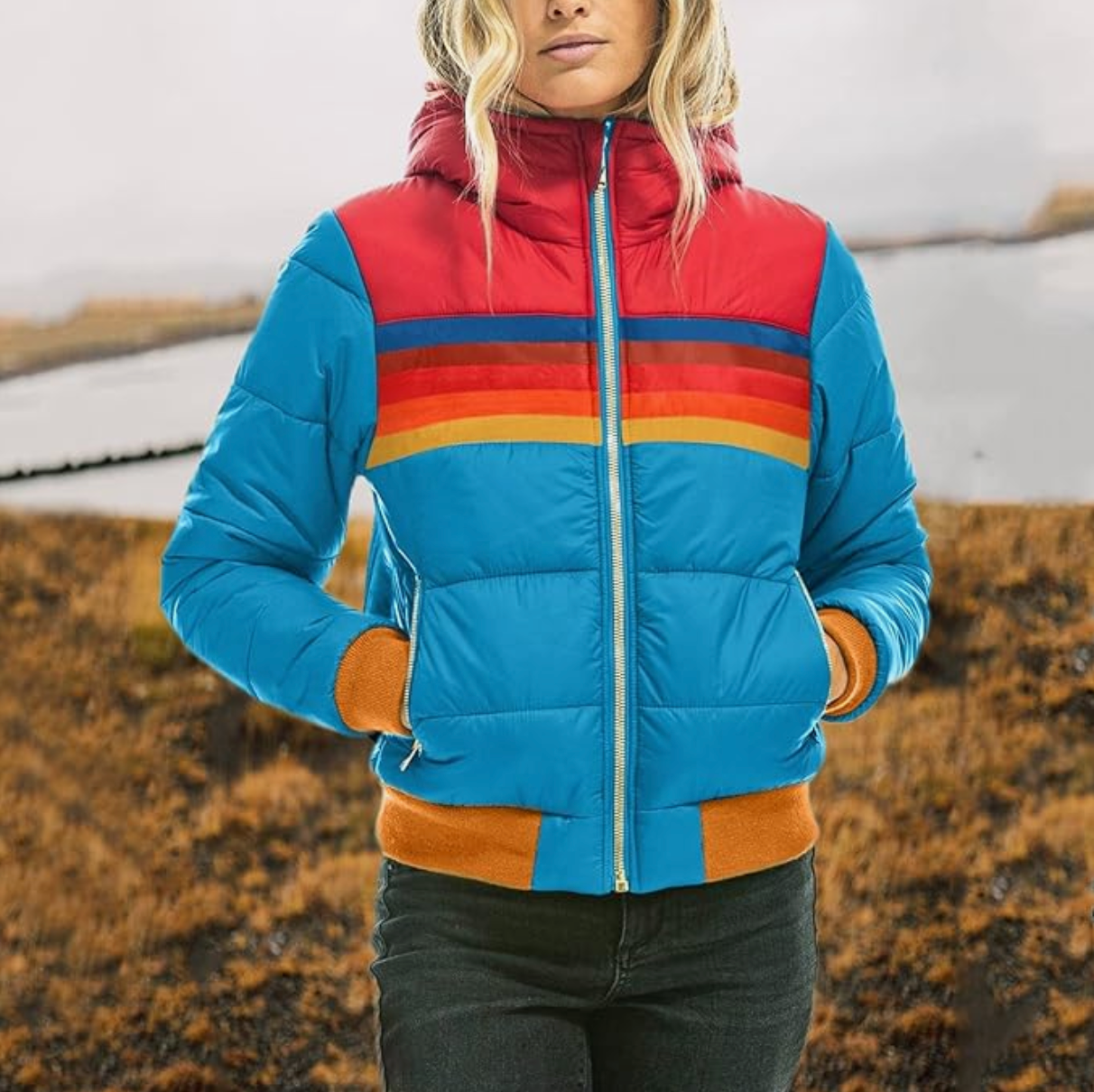 Kvinners Pufferjakke med Retrostripet Design 1