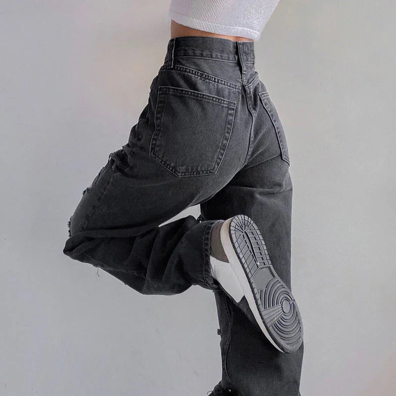 Kvinners Rippede Denimjeans med Rå Hem 2