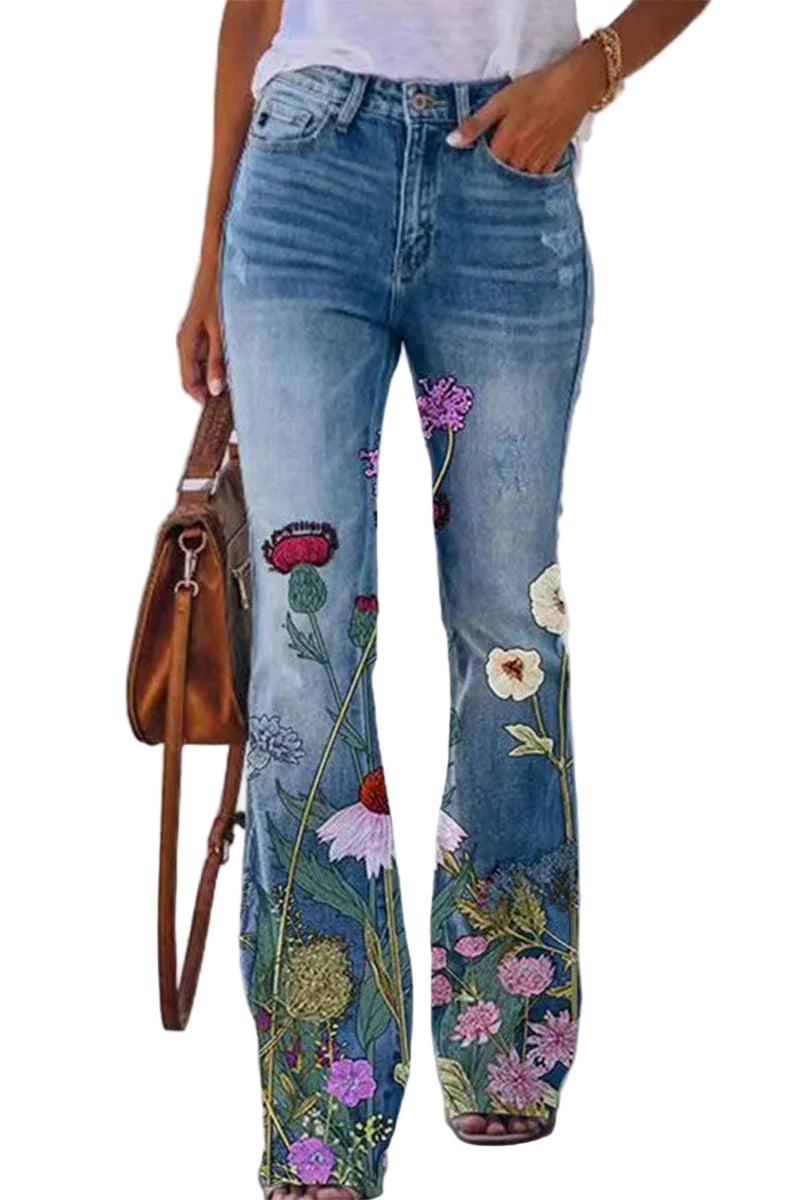 Kvinners Vanlige Denim Jeans med Blomsterlommer 0