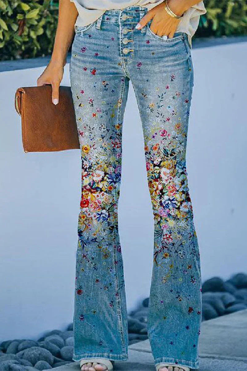 Kvinners Vanlige Denim Jeans med Blomsterlommer 3
