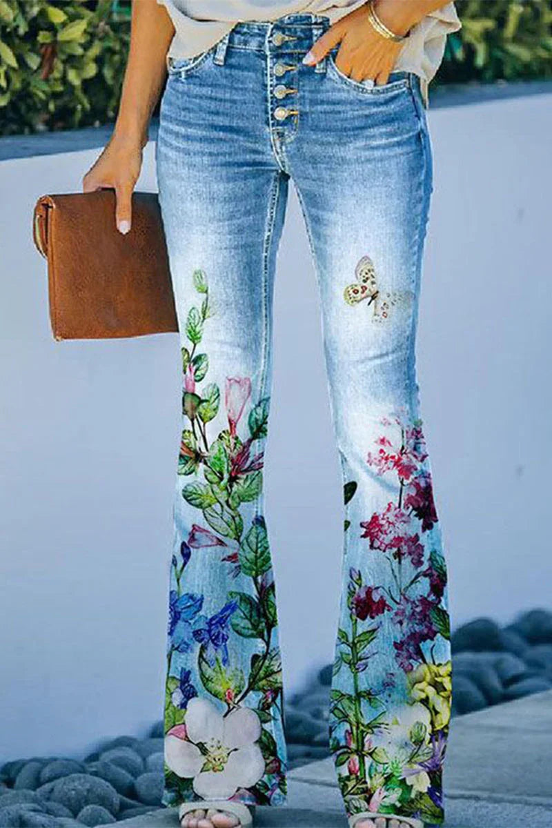 Kvinners Vanlige Denim Jeans med Blomsterlommer 4