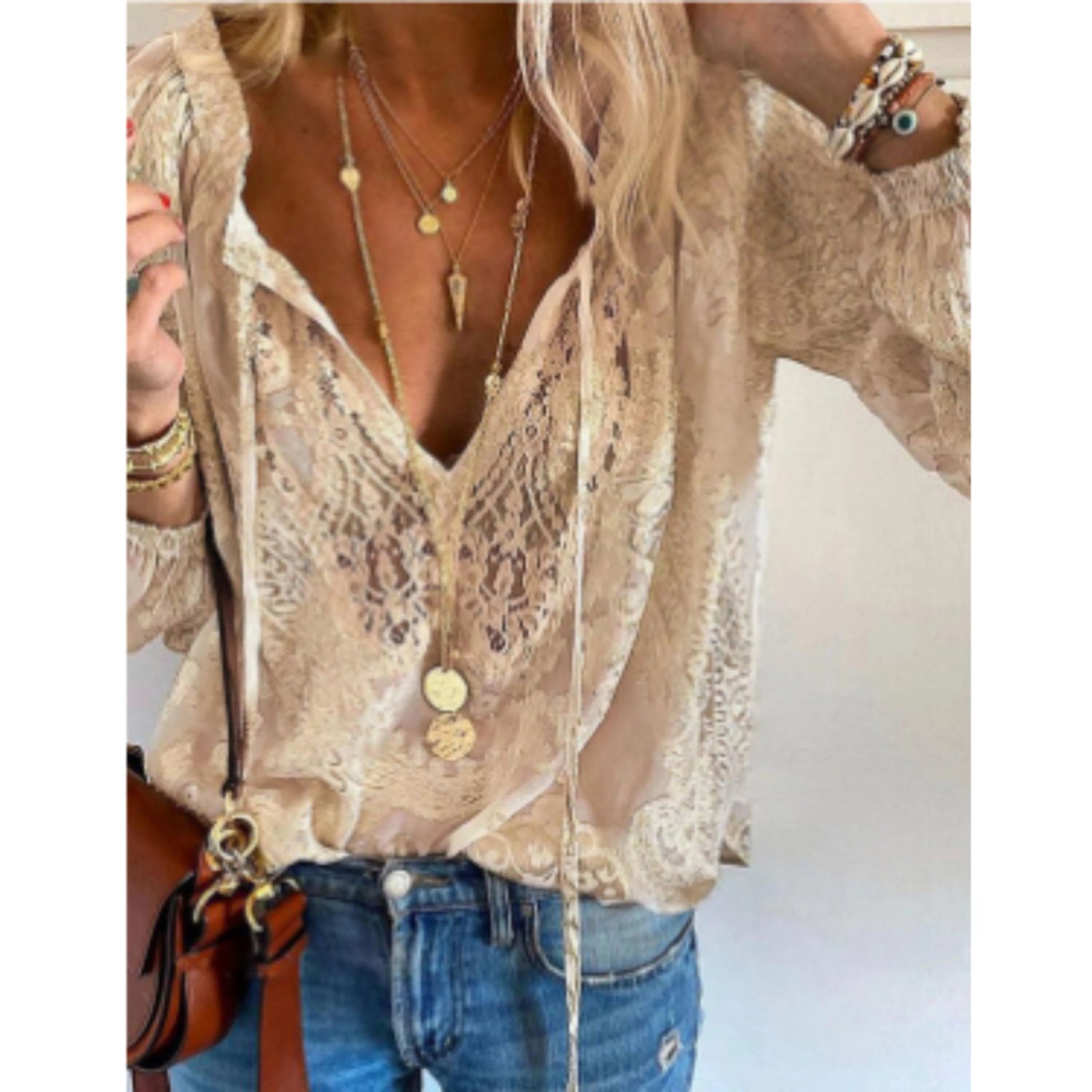 Kvinners Vintage Bluse med Lange Ermer 0