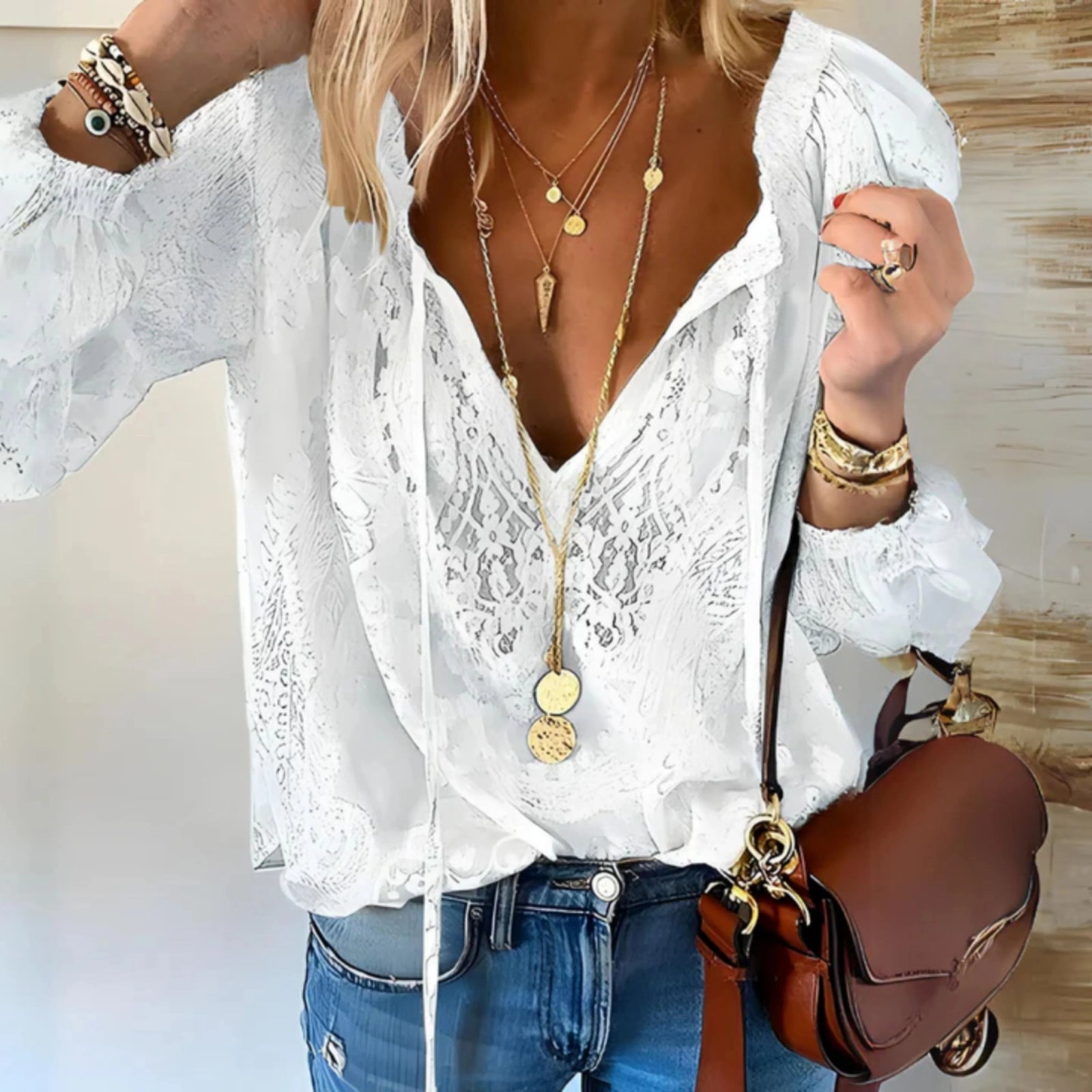 Kvinners Vintage Bluse med Lange Ermer 3