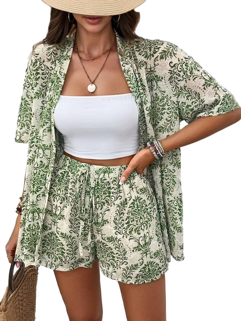 Variant image for Dame Sett Blomstertrykk Skjorte og Shorts Lett Pustende Stoff-1