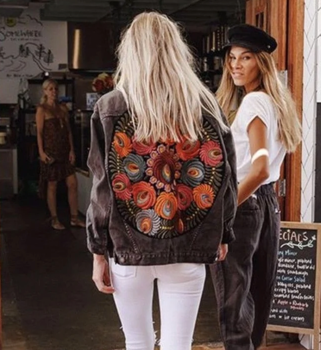 Kvinne Denimjakke Blomstertrykk Lett Denim-4