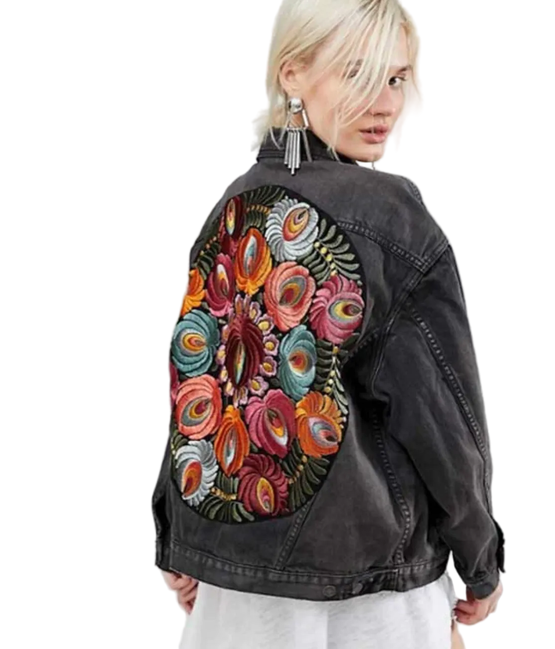 Kvinne Denimjakke Blomstertrykk Lett Denim-5