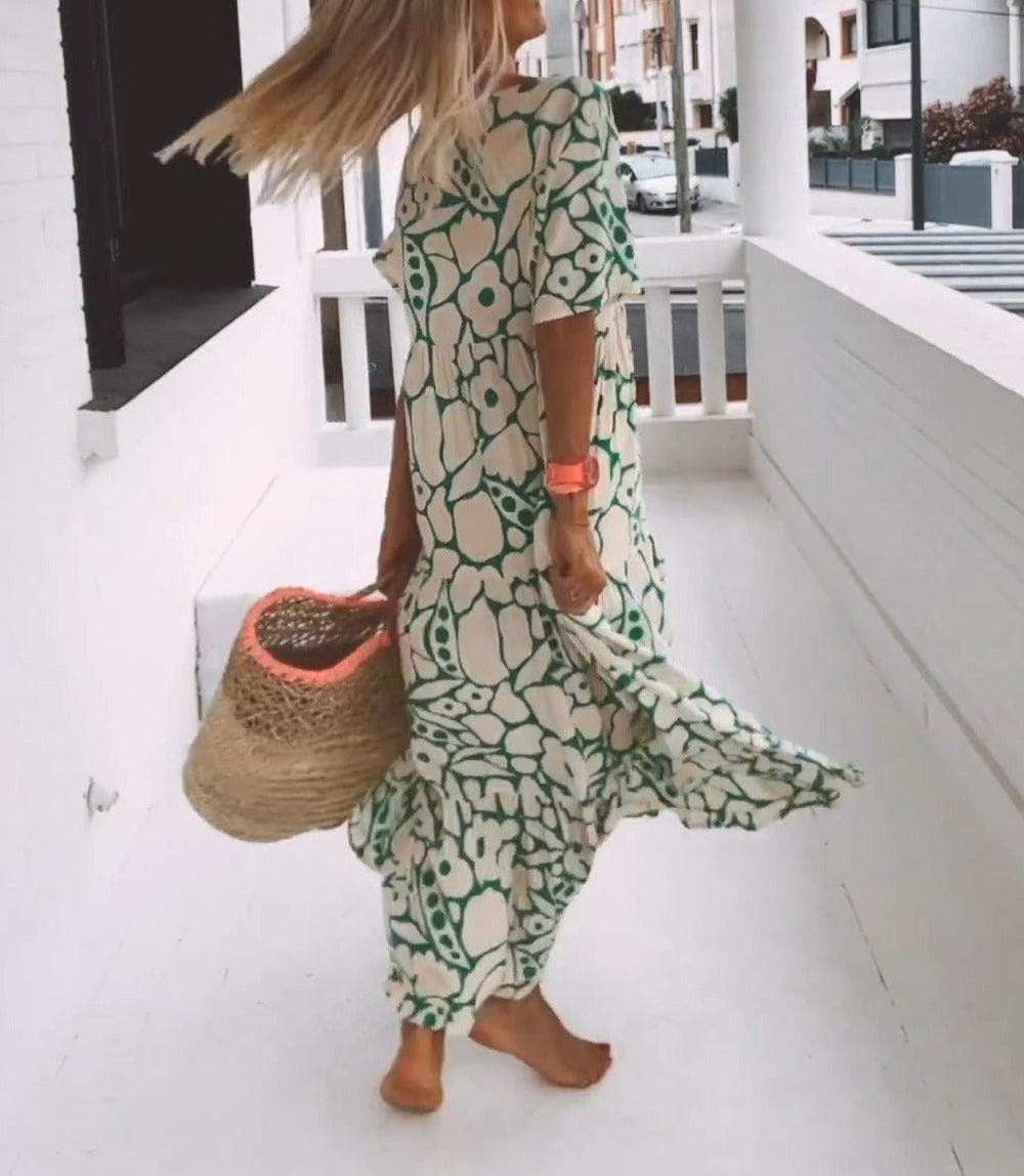 Maxi Kjole Dame Bohemian Stil med V-hals og Korte Ermer 2