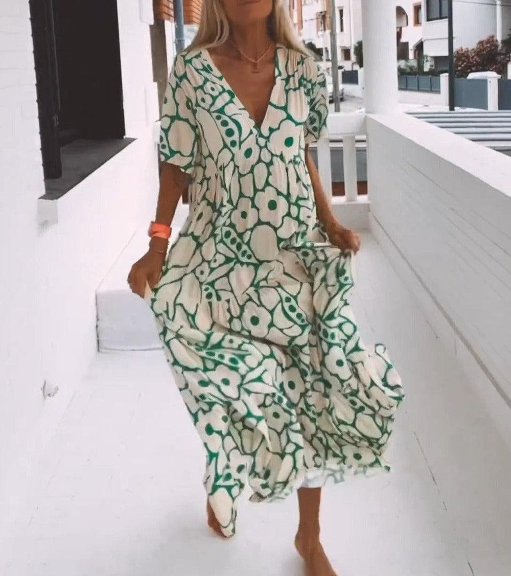 Maxi Kjole Dame Bohemian Stil med V-hals og Korte Ermer 3