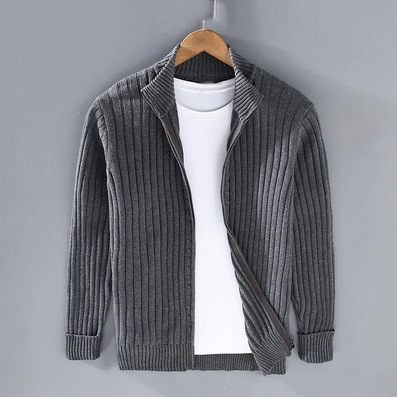 Menns Cardigan med Glidelås og Ribbestrikket Design 6