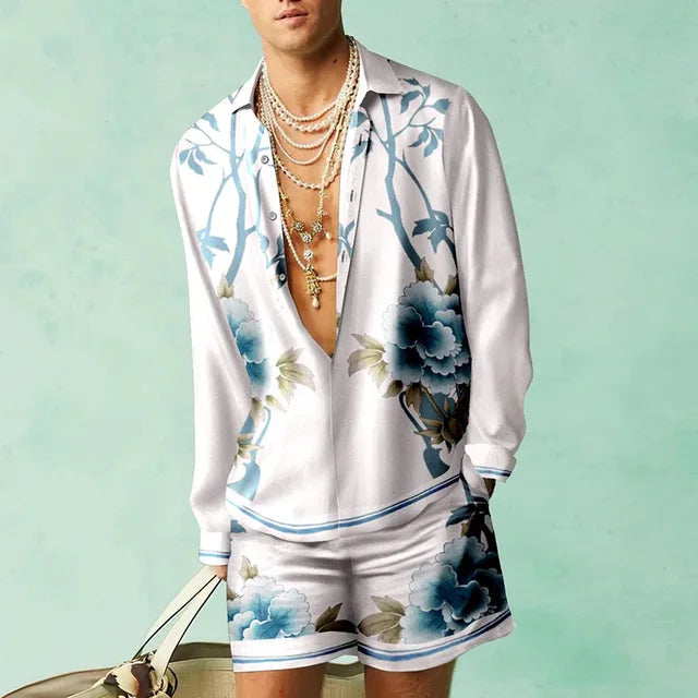 Menns Hawaii Sett Kortermet Skjorte og Shorts Sommer Uformell 5