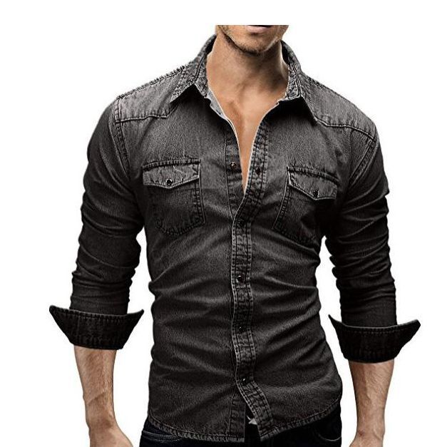 Herre Denim Skjorte Retro Stil med Knapplommer