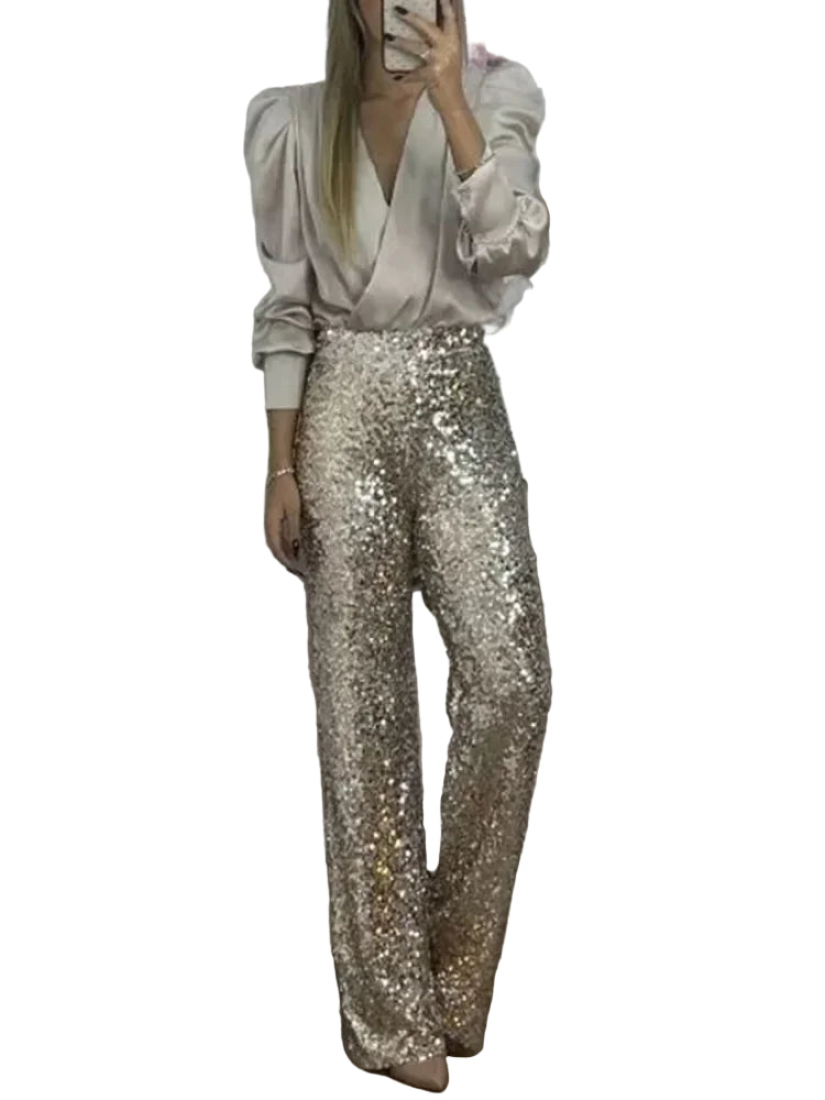 Dame Festbukser Glitrende Paljetter Polyester Elastisk Midjebånd 1
