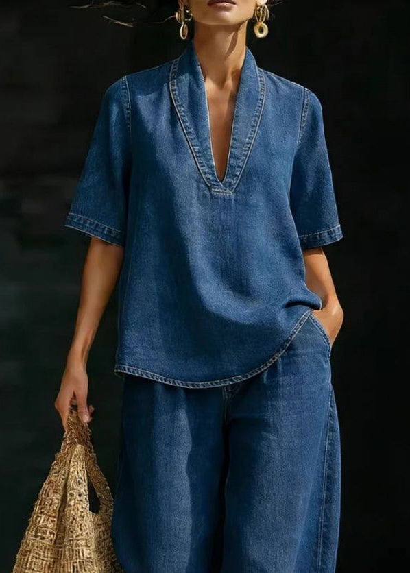 Sett Dame V-hals T-skjorte og Jeans Uformell Stil 4