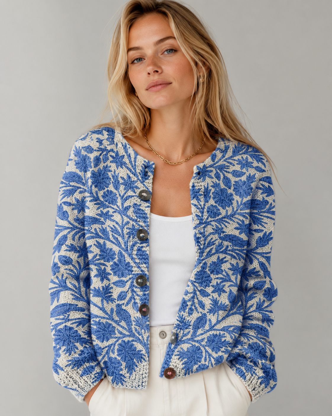 Dame Cardigan med Blomstertrykk
