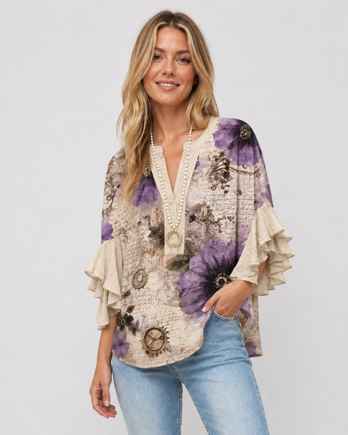 Damebluse med Blomstertrykk og Ruffede Ermer