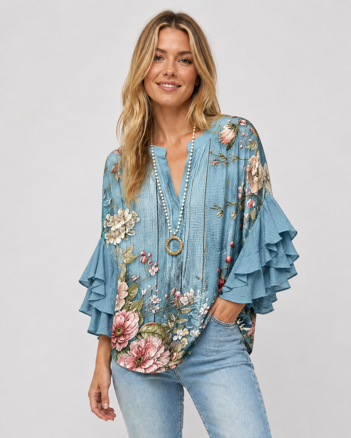 Damebluse med Blomstertrykk og Ruffede Ermer