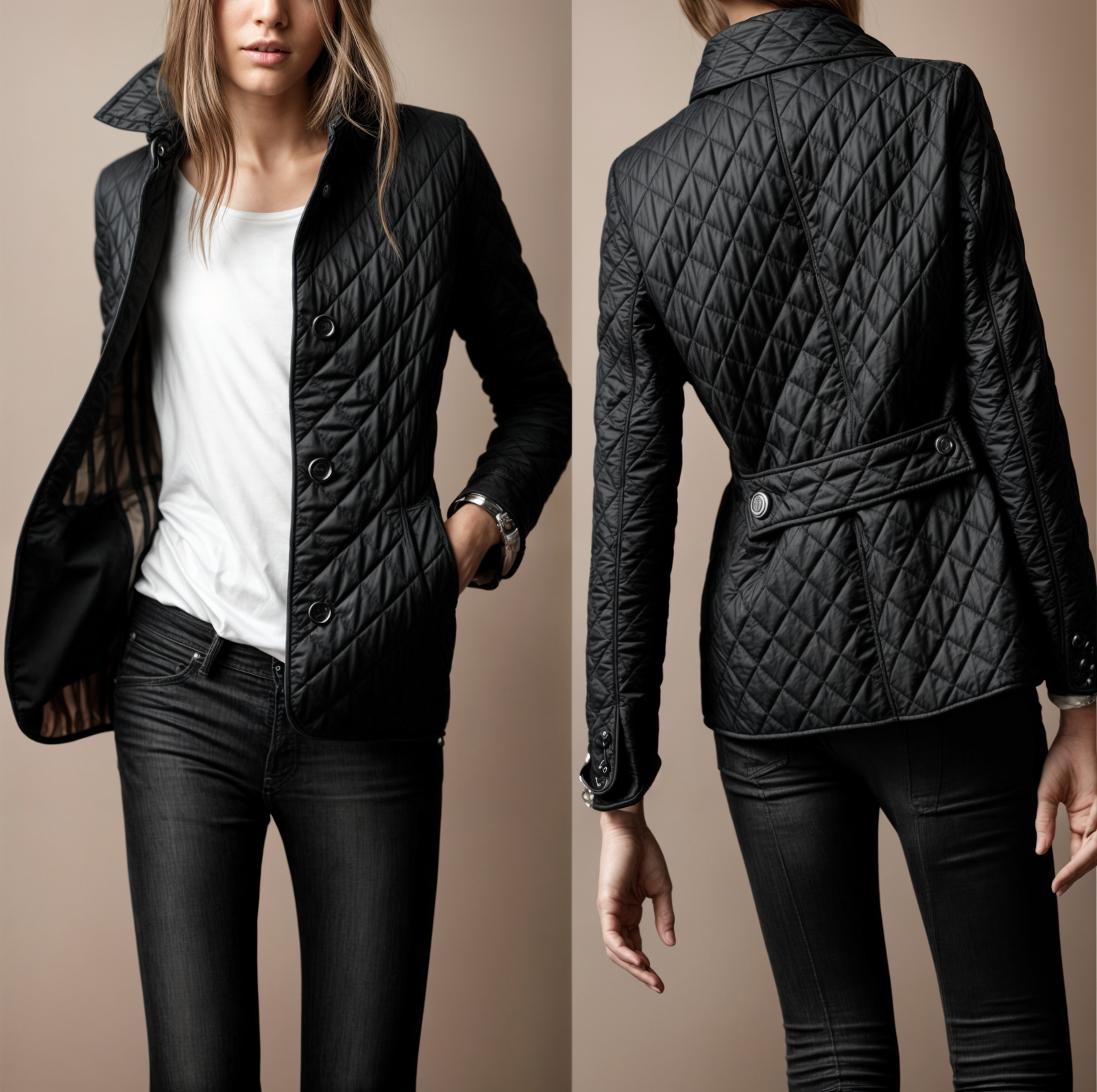 Kviltert jakke med turn-down krage for kvinner