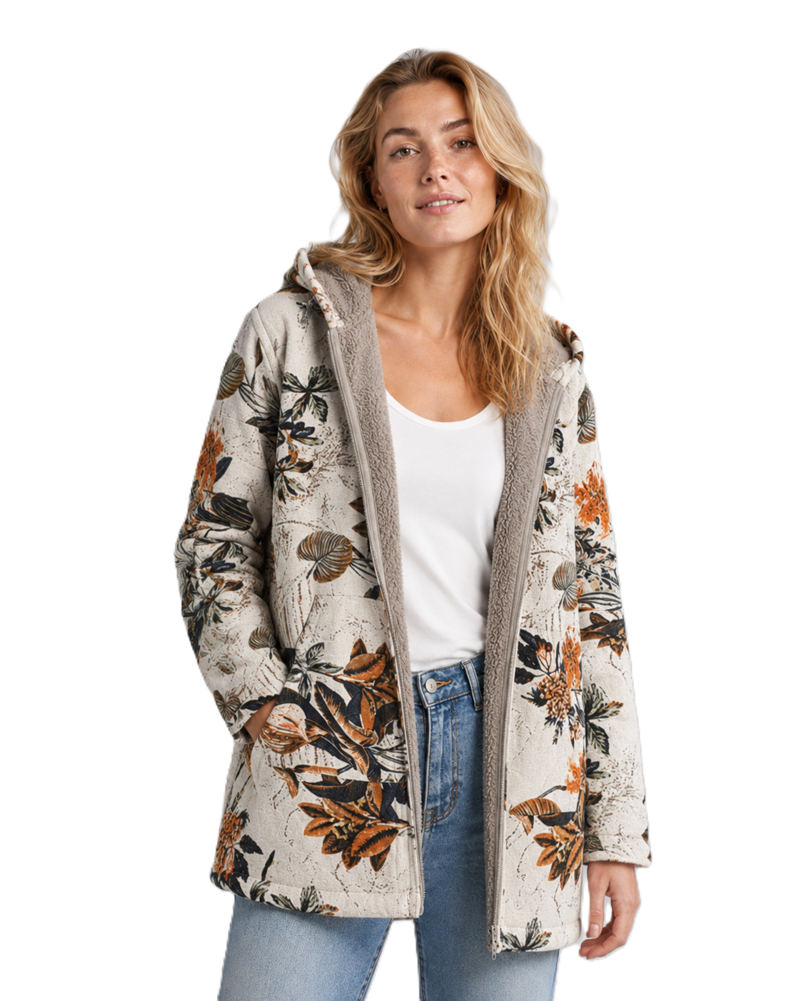 Kvinnelig Fleecejakke med Hette og Blomsterdesign