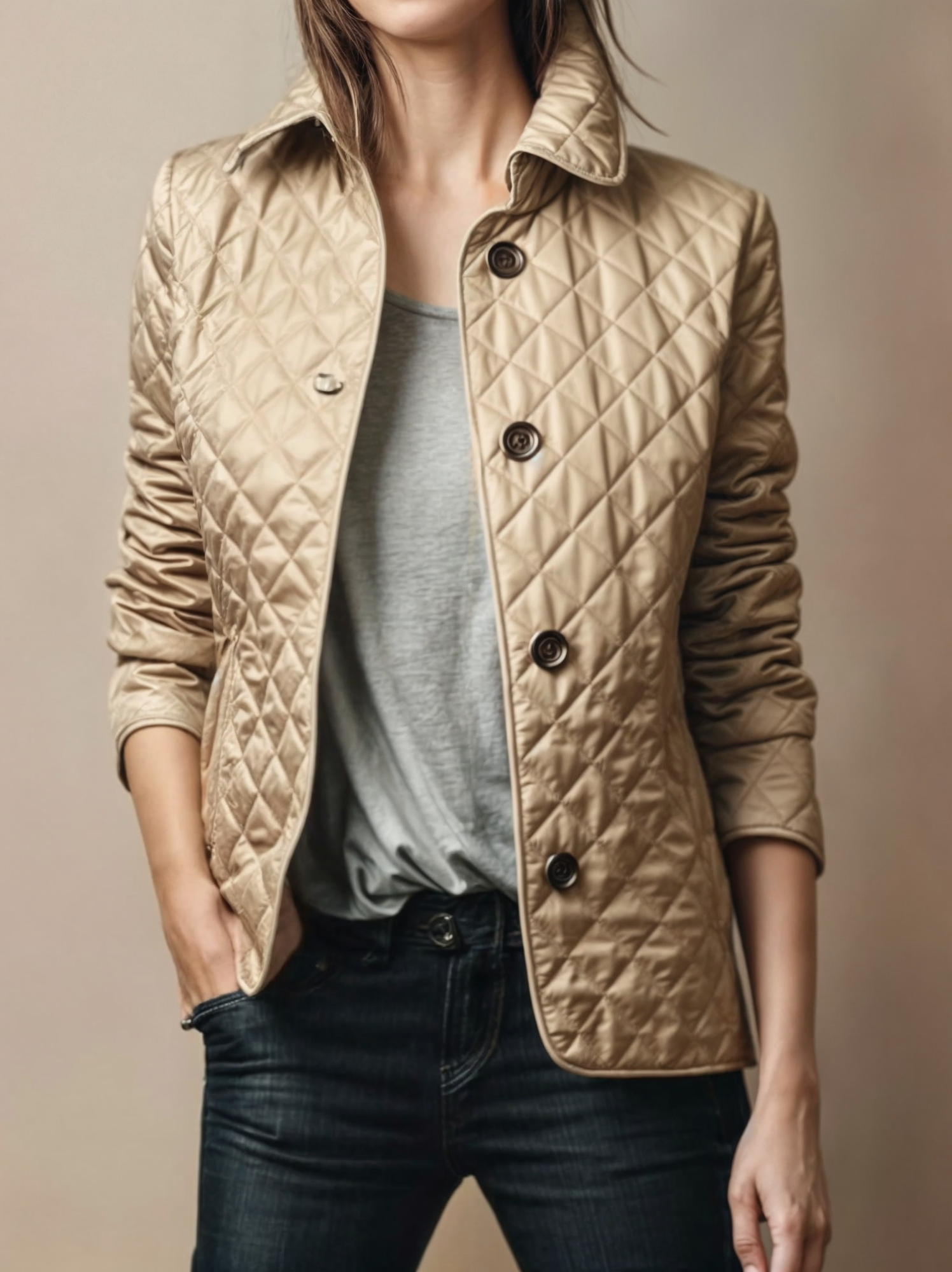 Kviltert jakke med turn-down krage for kvinner