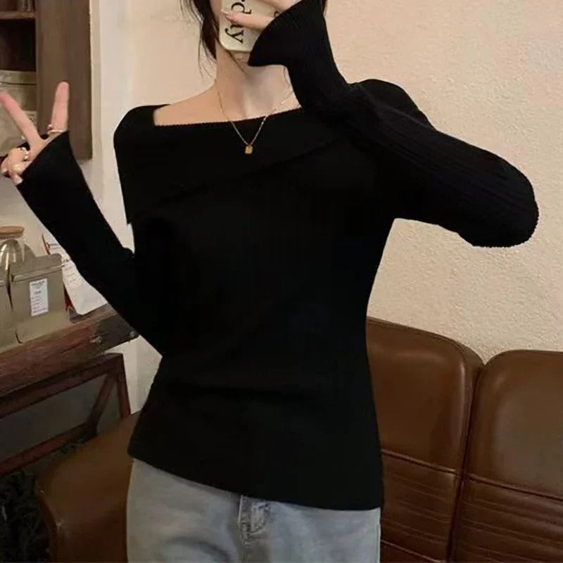 Off Shoulder strikket genser for kvinner