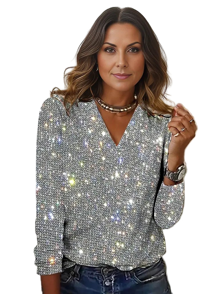Kvinne V-hals Topp Metallisk Design Glitterprint Polyester Spandex 1