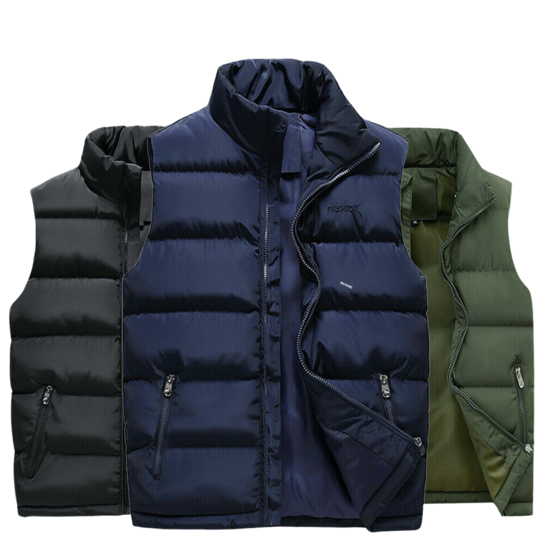 Ermeløs polstret pufferjakke for menn