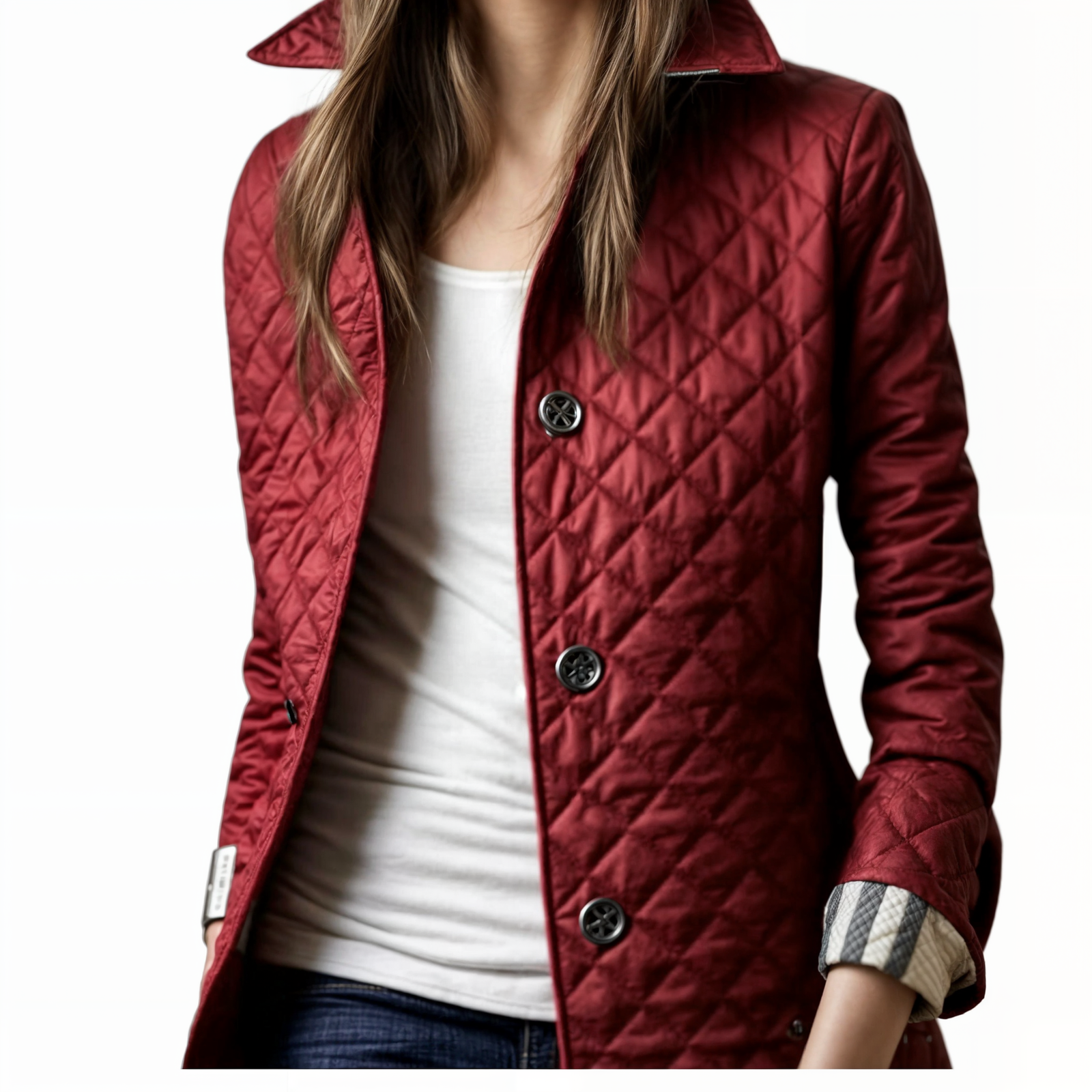 Kviltert jakke med turn-down krage for kvinner