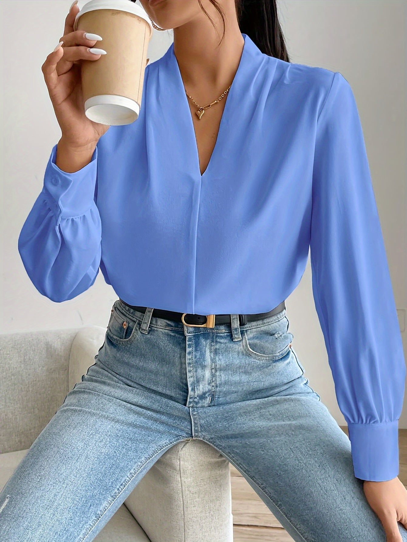 Dame Bluse Hvit V-Hals Elegant Polyester-5