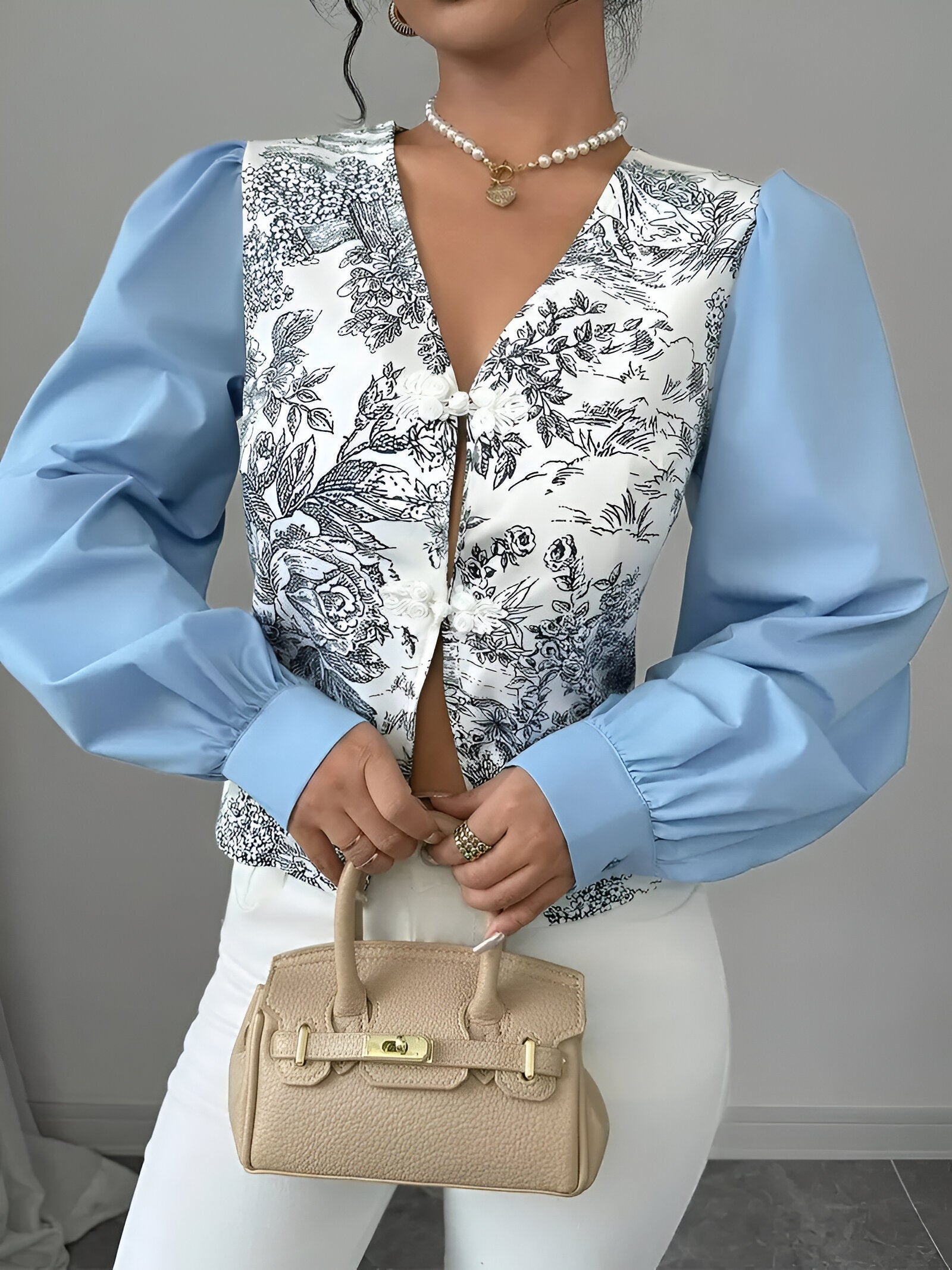 Dame Bluse V-hals Blomstertrykk Polyester