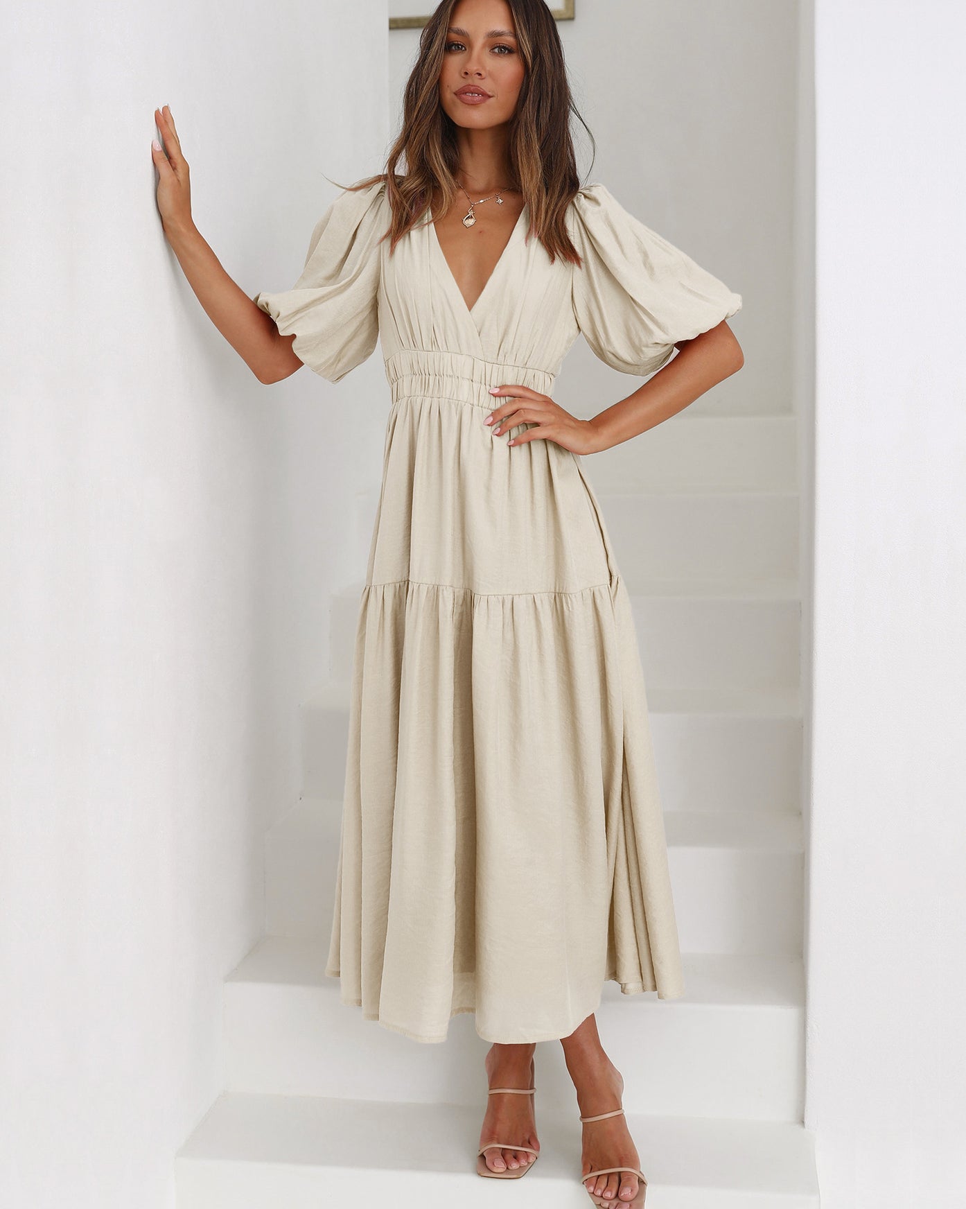 Variant image for Kvinne Kjole V-hals Puff Ermer Polyester Elegant Lang Lengde-24