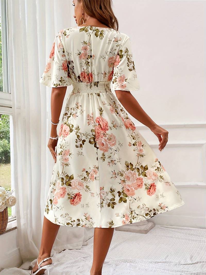 A-linje Kjole V-hals Ruffle Ermer Polyester Blomsterutskrift