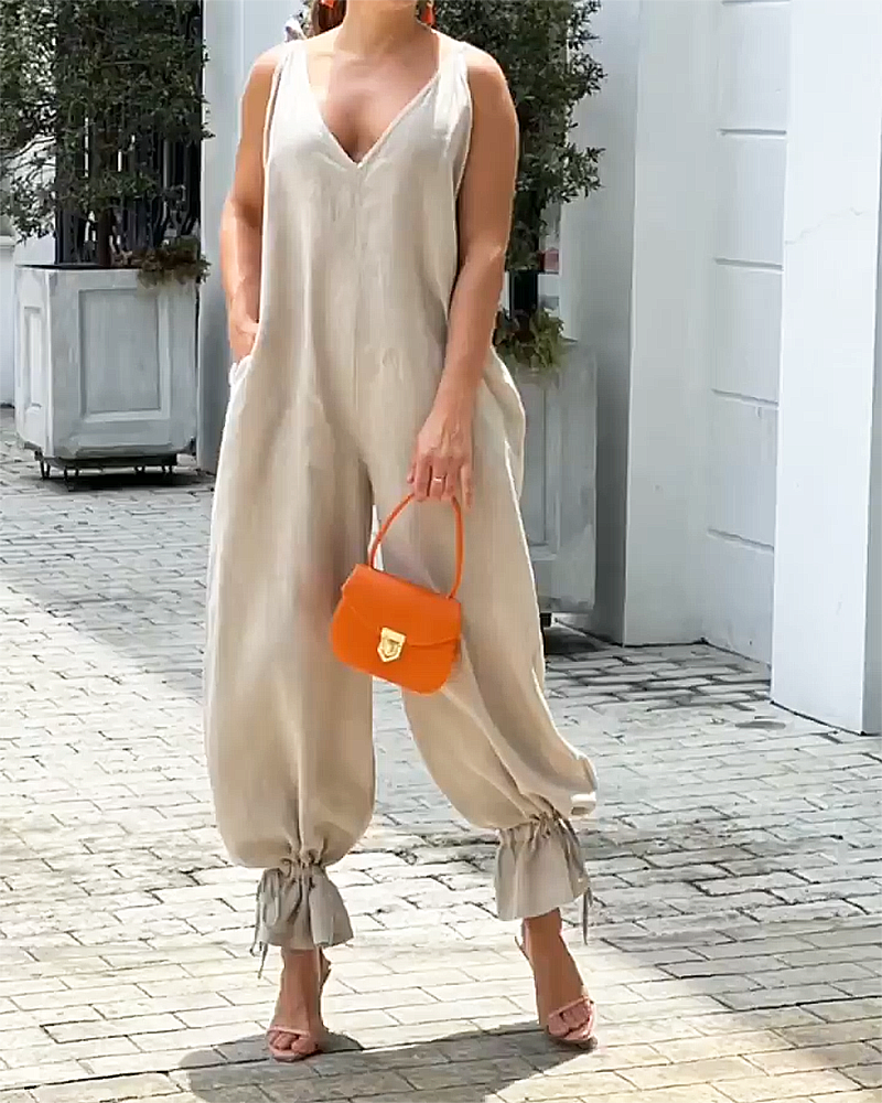 Dame Jumpsuit Ermeløs V-hals Lett Polyester-1