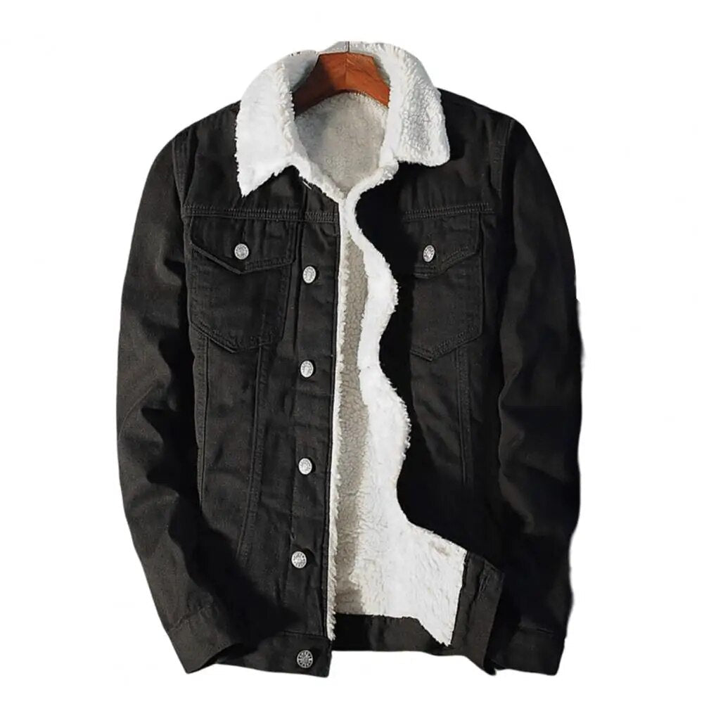 Herre Frakk i Denimfleece for Høst og Vinter, Klassisk Stilig Jakke til Menn-1