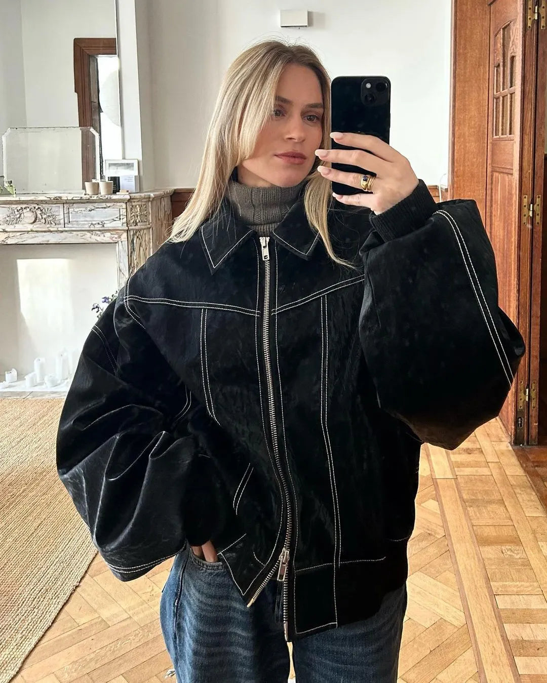Variant image for Dame Oversized Bomberjakke Grå Vinter Trendy Varm Foring-7