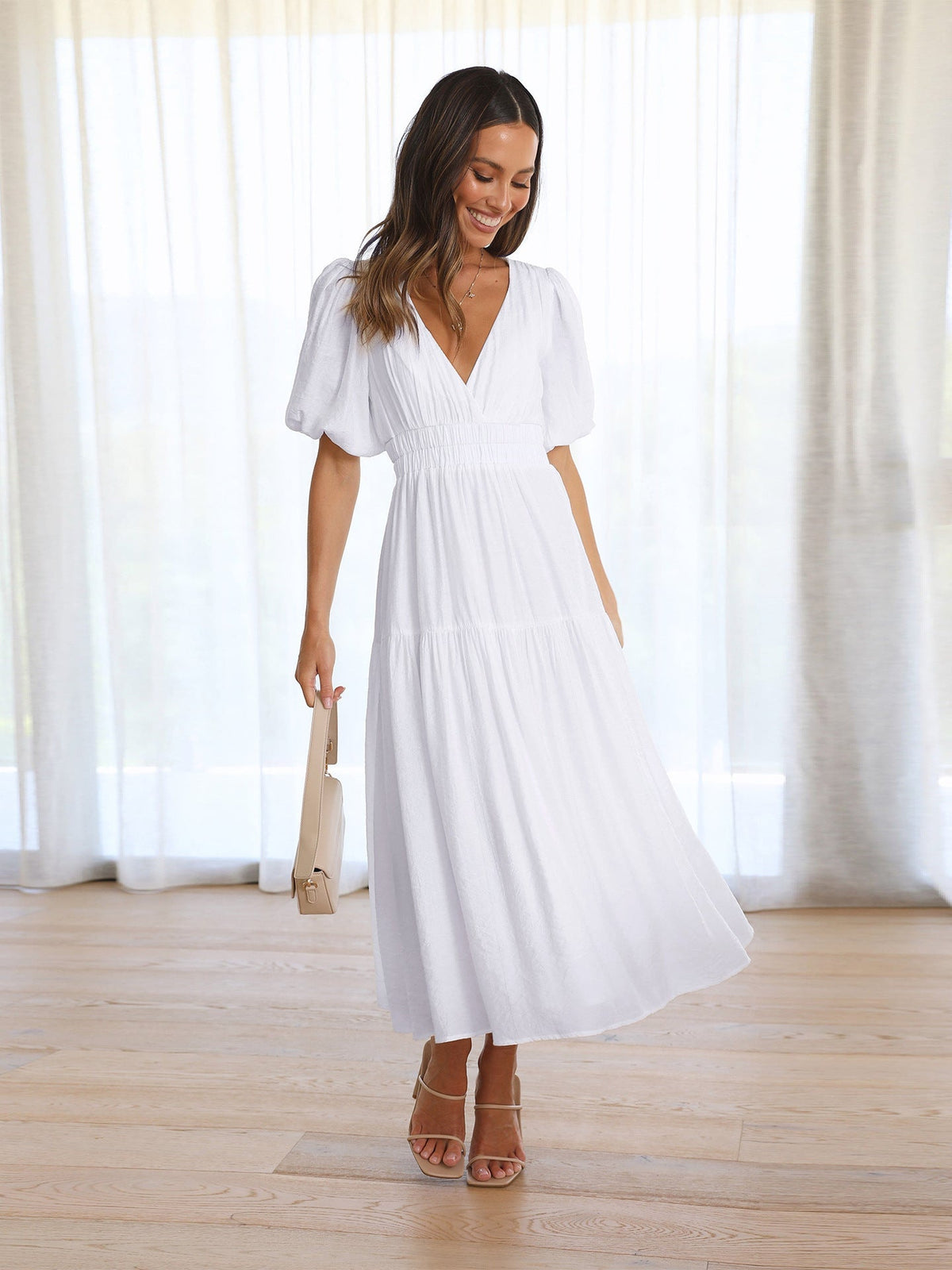 Variant image for Kvinne Kjole V-hals Puff Ermer Polyester Elegant Lang Lengde-16