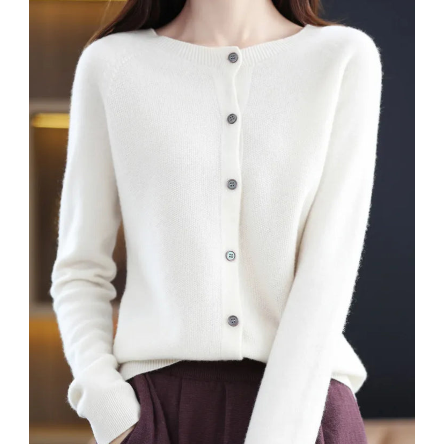 Dame Cardigan O-hals Strikket Ull-3