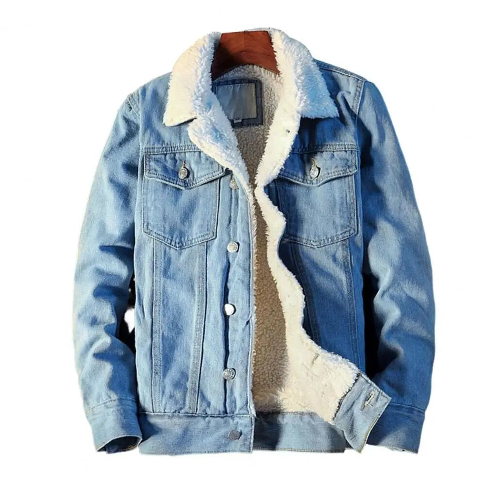 Herre Frakk i Denimfleece for Høst og Vinter, Klassisk Stilig Jakke til Menn-3