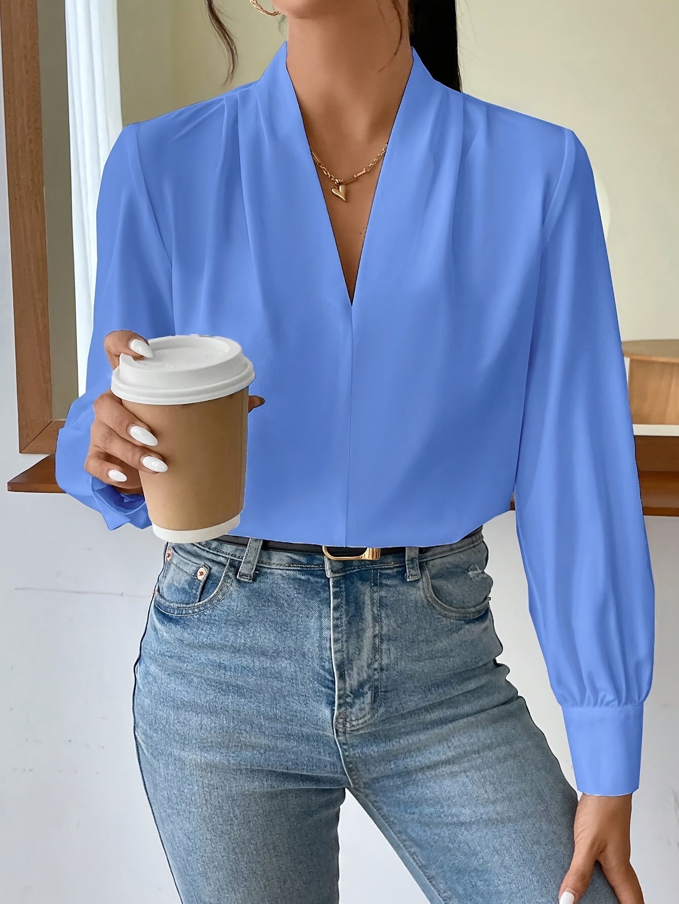 Dame Bluse Hvit V-Hals Elegant Polyester-4