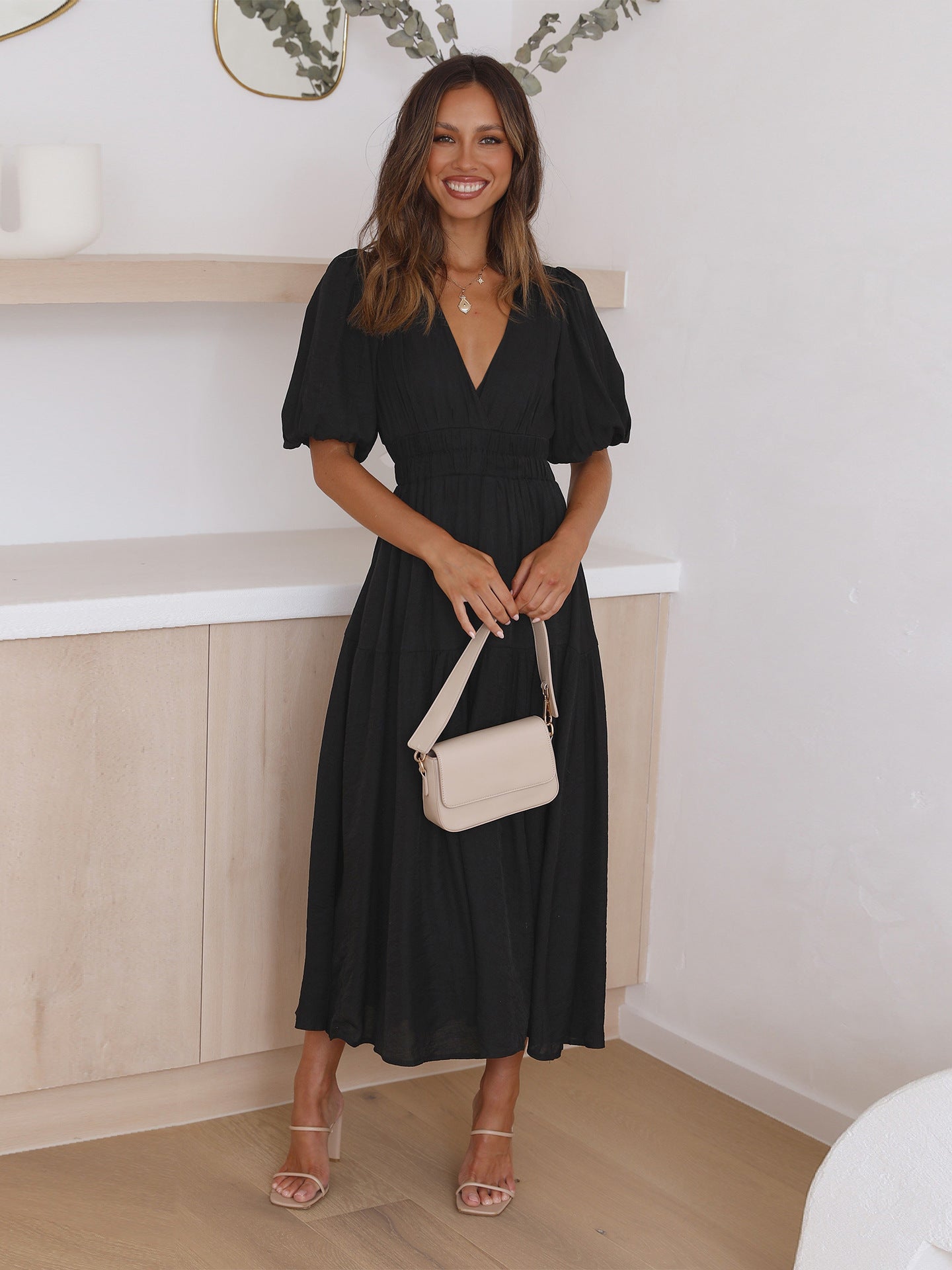 Variant image for Kvinne Kjole V-hals Puff Ermer Polyester Elegant Lang Lengde-1
