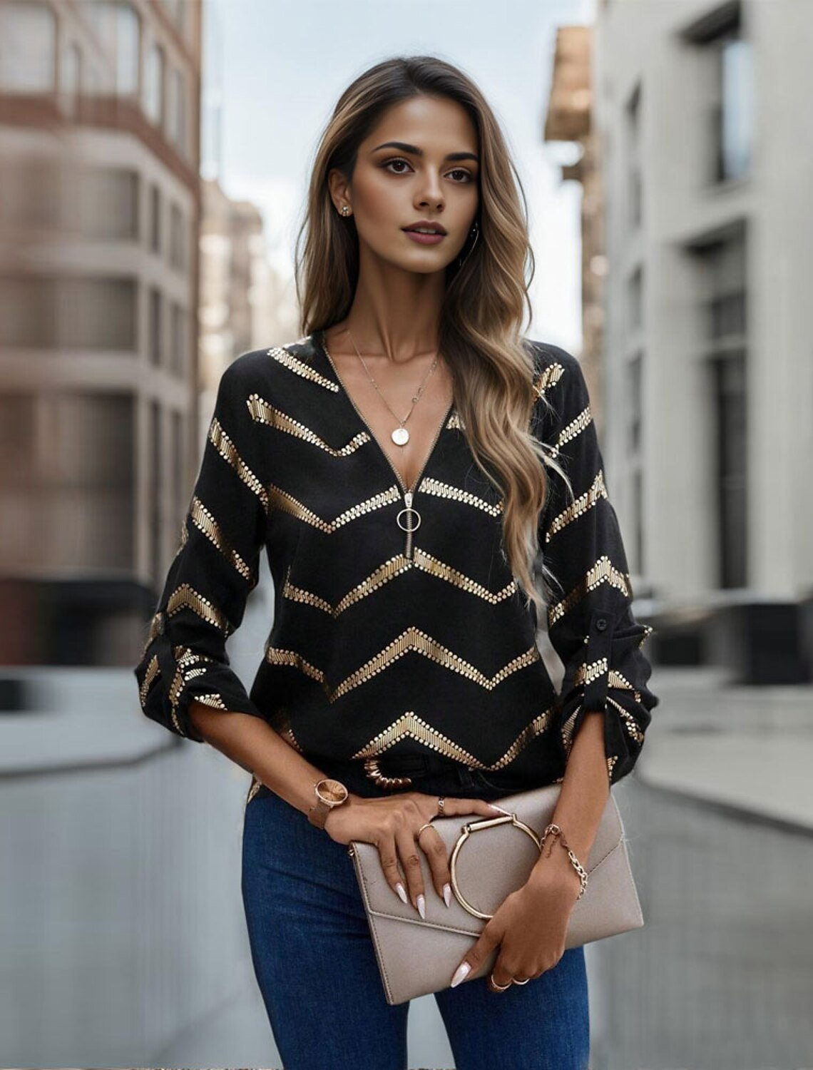 Variant image for Dame Bluse V-hals Stripe Lett Stoff-1
